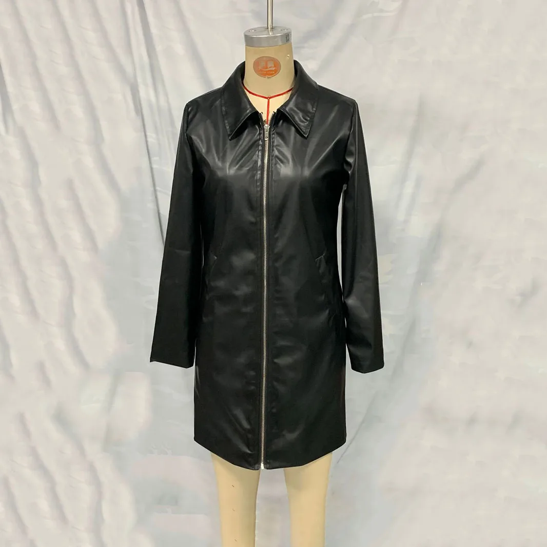 2025 Otoño Invierno nuevas mujeres de longitud media chaqueta de cuero de imitación Oficina señora cremallera elegante Casual abrigo cálido