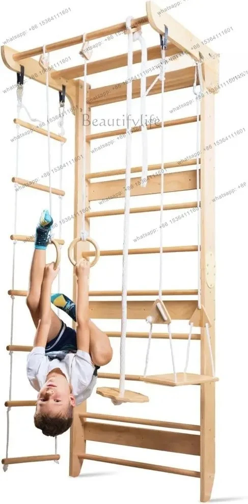 WoodVille Swedish Wall Climbing Frame - Multifunctional Kids Gym Set with Rock Wall & Rope Ladder