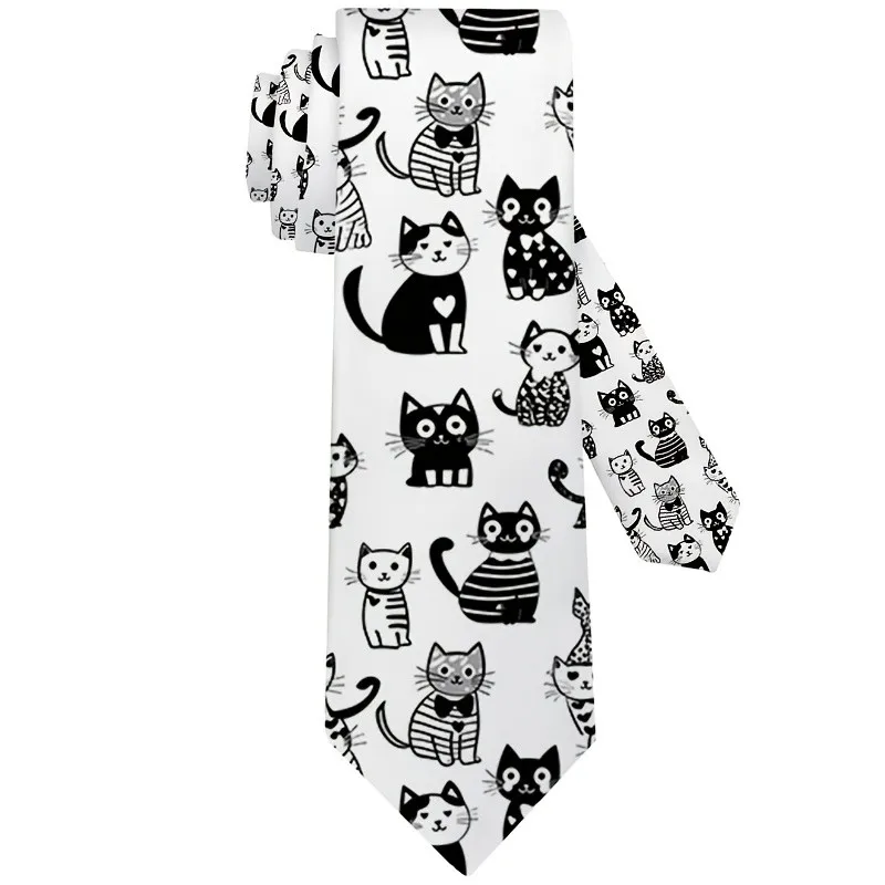 1pc, Black White Cartoon Cat PatternPrint Woven Polyester Necktie Perfect for Parties Holidays and Casual Attire