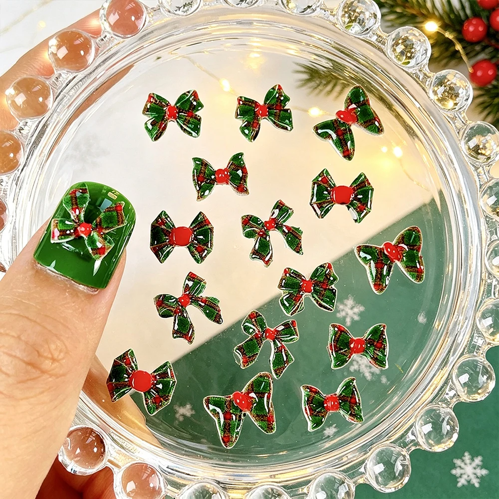 50PCS Xmas Plaid Bow Nail Decorations 3D Glossy Resin Red Green Checkered Bow Nail Charms Christmas Winter Holiday DIY Manicure*