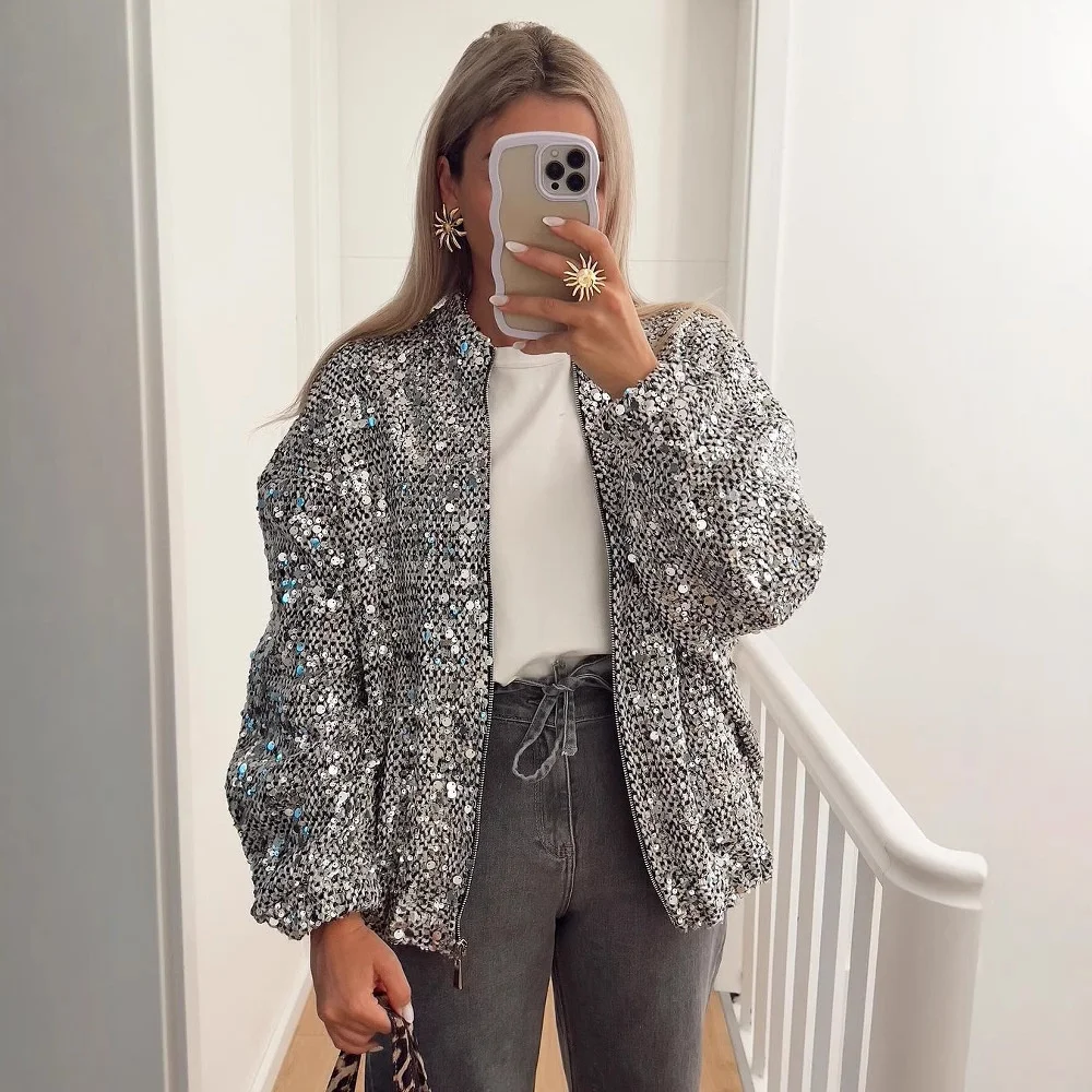 Women Fashion Sliver Sequins Patchwork Short Coats Elegant Zipper Stretch Hem Bomber Jacket 2025 New High Street Female Outwear