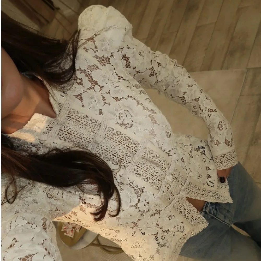 Solid Color Embroidery Blouse See-through Full Sleeve Patchwork Blouse Single Breasted Slim Fit Hollow Out Blouse Summer Wear
