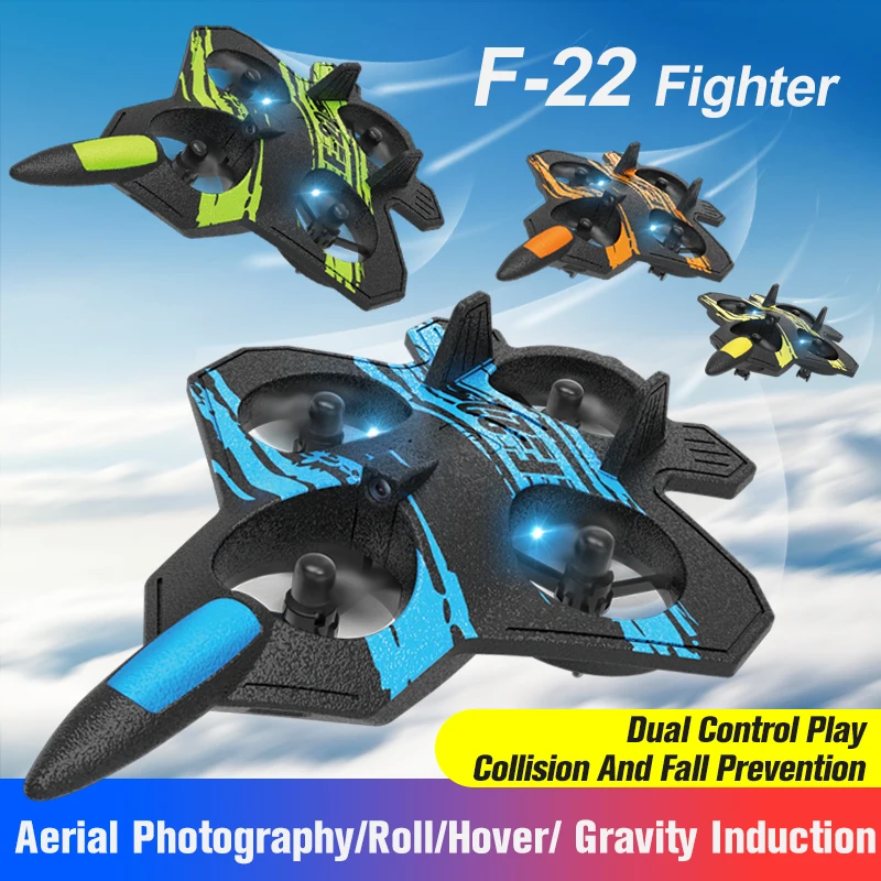F22 Foam RC Plane 2.4G 2CH Remote Control Flying Glider RC Stunt Aircraft  With LED 360° Rotation Airplane Toys for Boys Kids