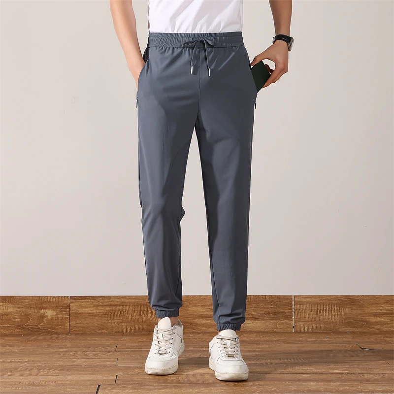 2024 Summer Men New Solid Color Straight Cylinder Ice Shreds Breathable Trousers Large Size Bundle Opening Loose All-match Pants