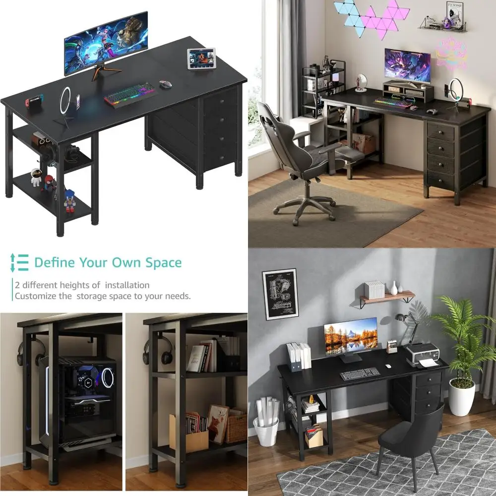 

47-дюймовый игровой стол с тканевым ящиком и полками для хранения, компьютерная рабочая станция для домашнего офиса и спальни