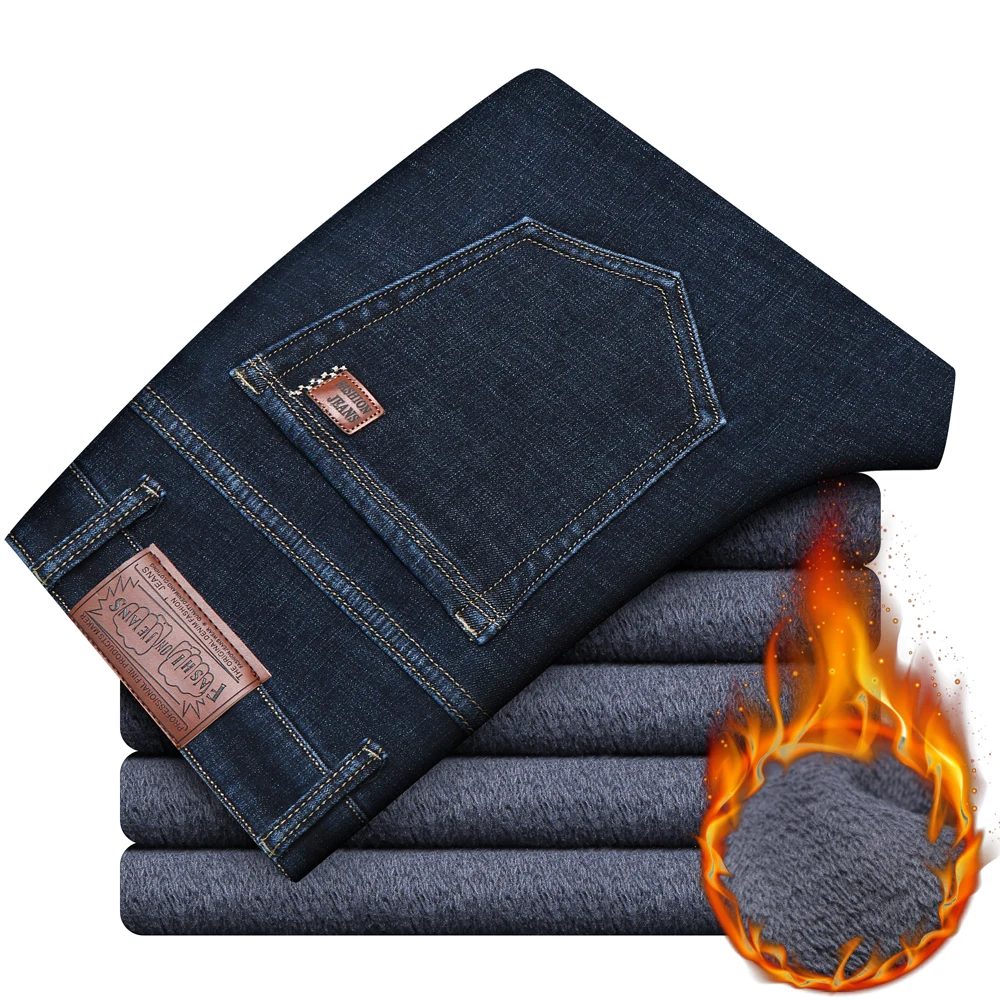 Winter New Warm Fleece Jeans Men's Office Business Classic Thicken Denim Pants Casual Fashion Straight Stretch Velvet Trousers