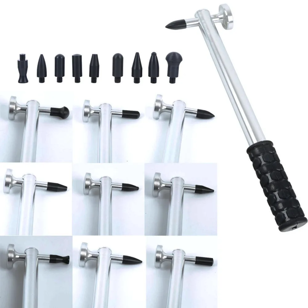 Dent Ding Hammer Tap Down Tool Kits Paintless Dent Repair Aluminum Dent Hail Hammer with 8 pcs POM heads&Knock Tap Down