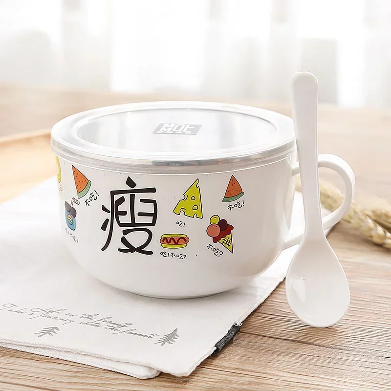 Stainless Steel Double-layer Ramen Noodles Bowl Anti-scalding Instant Noodle Bowl Cute Bunny With Lid And Spoon Tableware