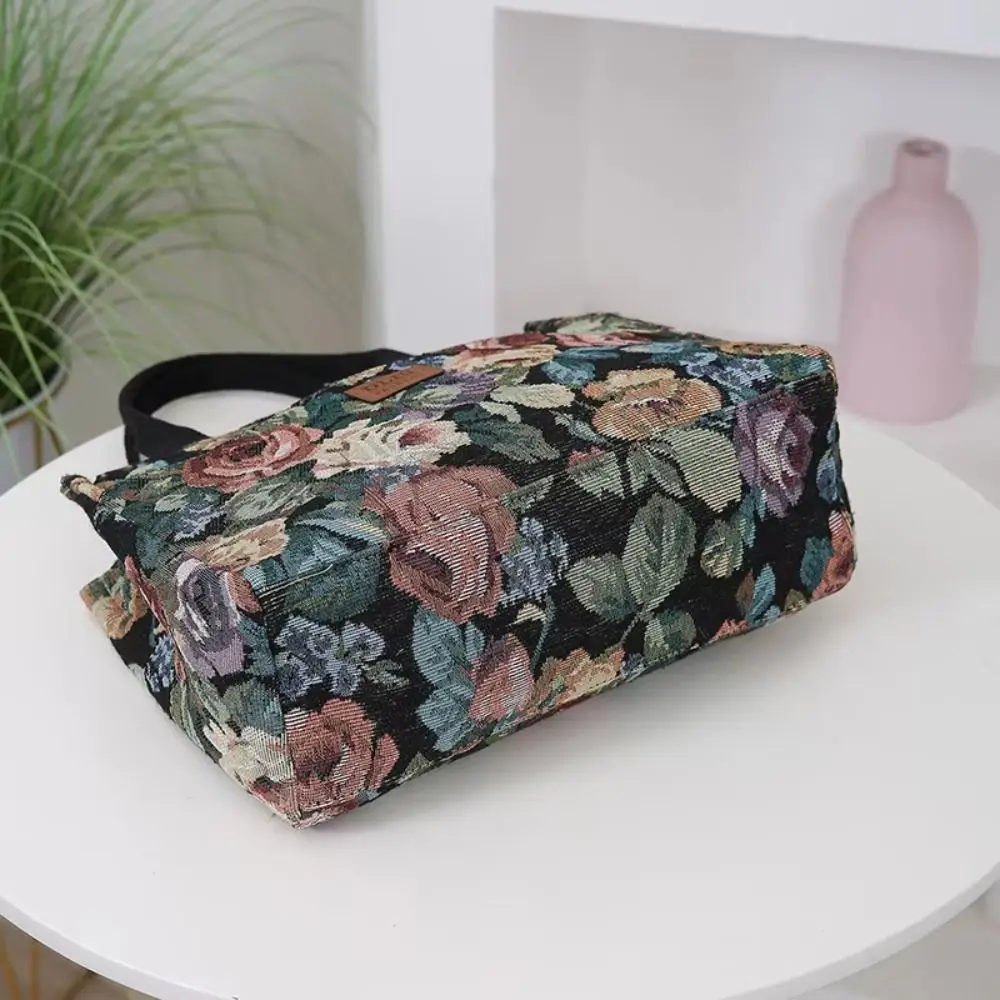 Tragbare Damen-Tragetasche mit Blumenmuster, verdickte Canvas-Lunch-Tasche mit Reißverschluss, große Jacquard-Handtasche – Detail 3