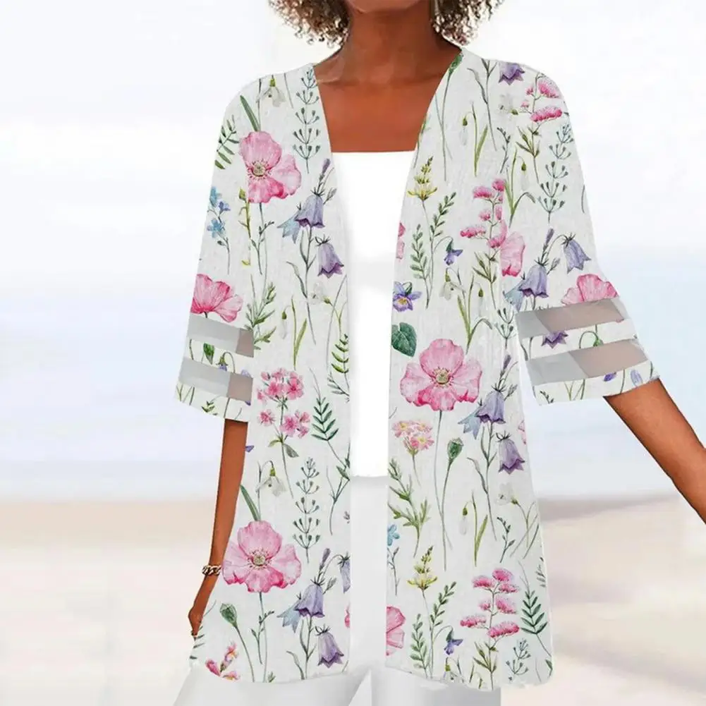 Women Cardigan Women Cardigan Vintage Mesh Patchwork Mid Length Jacket for Women Floral Print Half Sleeves Open Stitch A Stylish