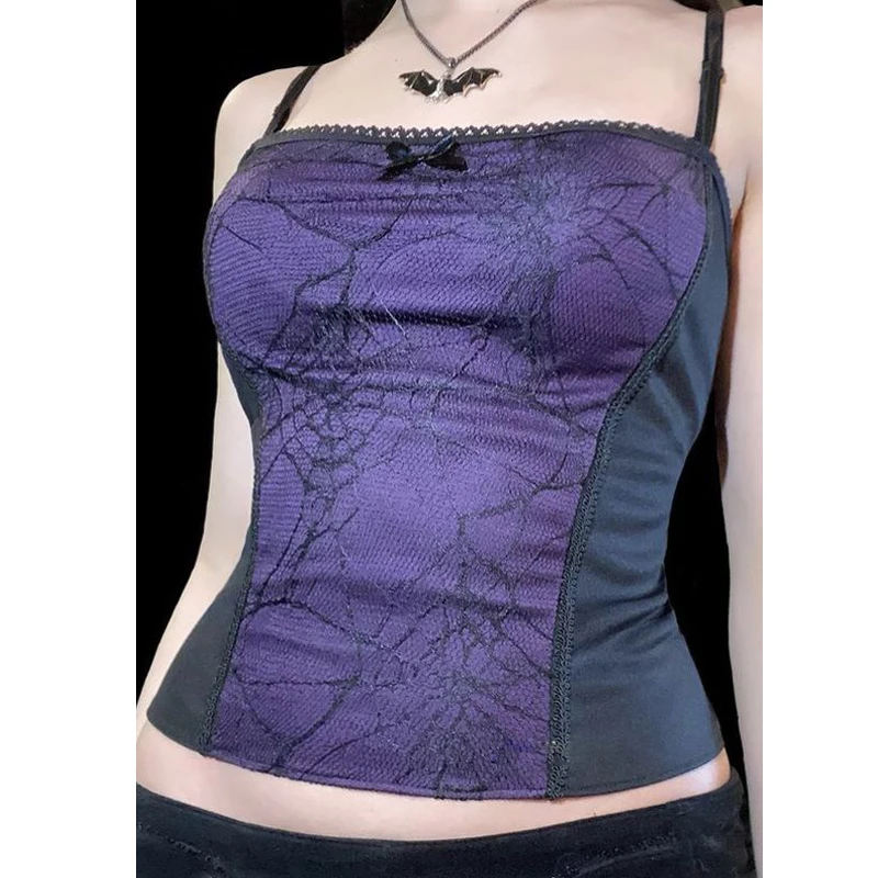 Malha Feminina Spider Net Lace Tank Tops, Crop Tops Femininos, Camisas Sem Encosto, Roupas Góticas, Y2K Estética, Clube, Anos 2000