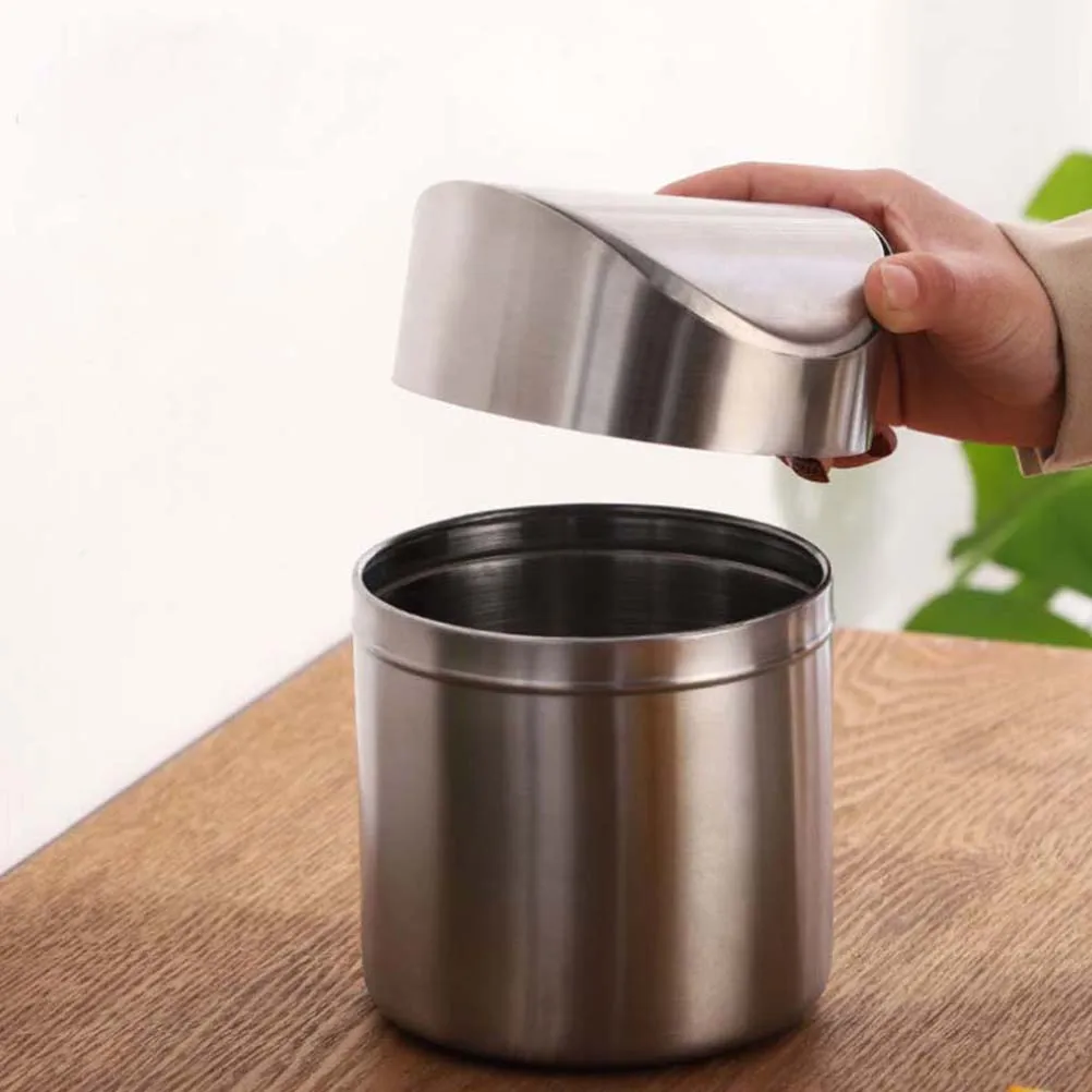 

1pc Desktop Trash Can Stainless Steel Compact Garbage Bin Laundry Room Kitchen Corrosion Resistant Red Silver Color Easy Carry