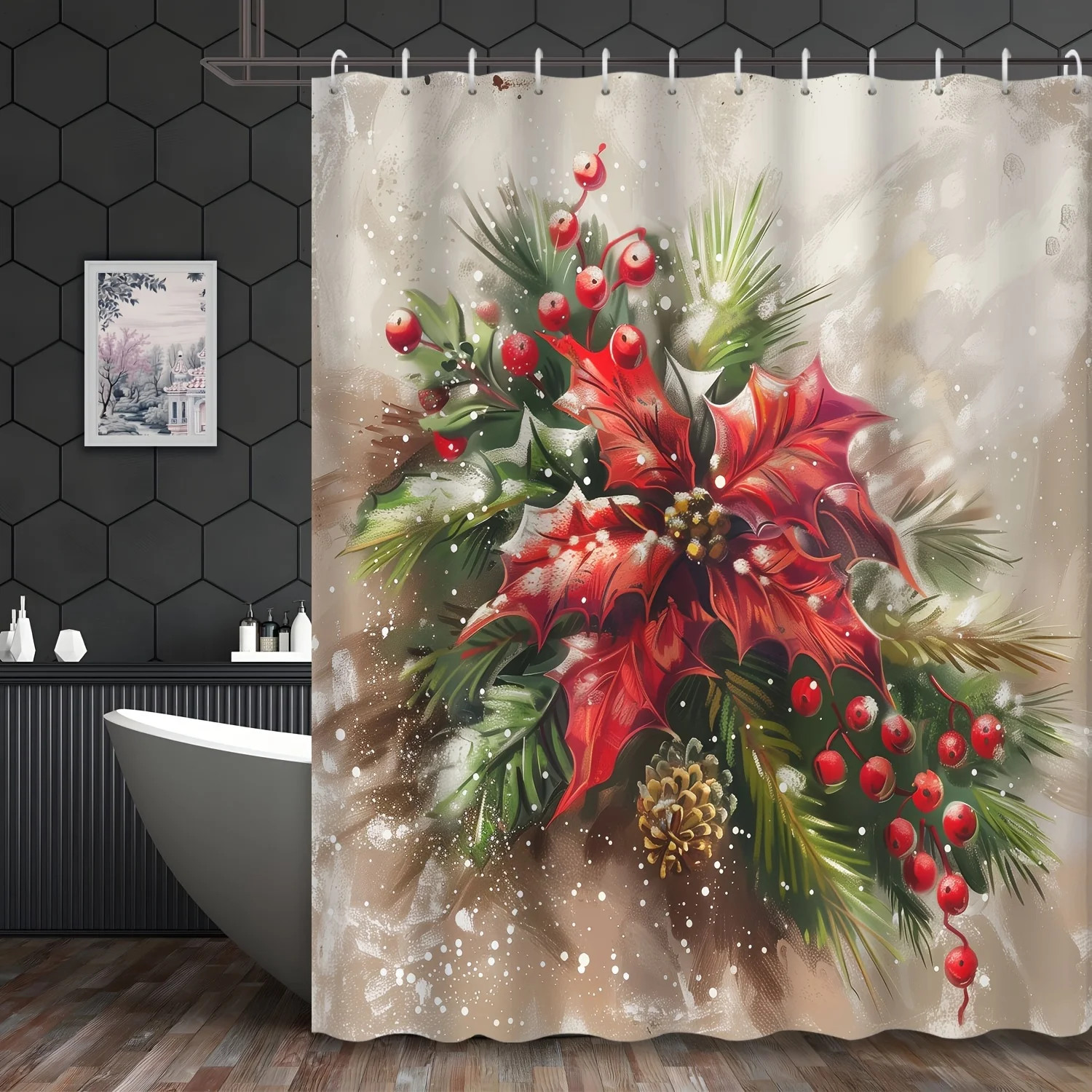 Christmas Poinsettia Shower Curtain Waterproof Fabric Bathroom Curtains Red Flower Holly Bath Screen Divider Home Decor With