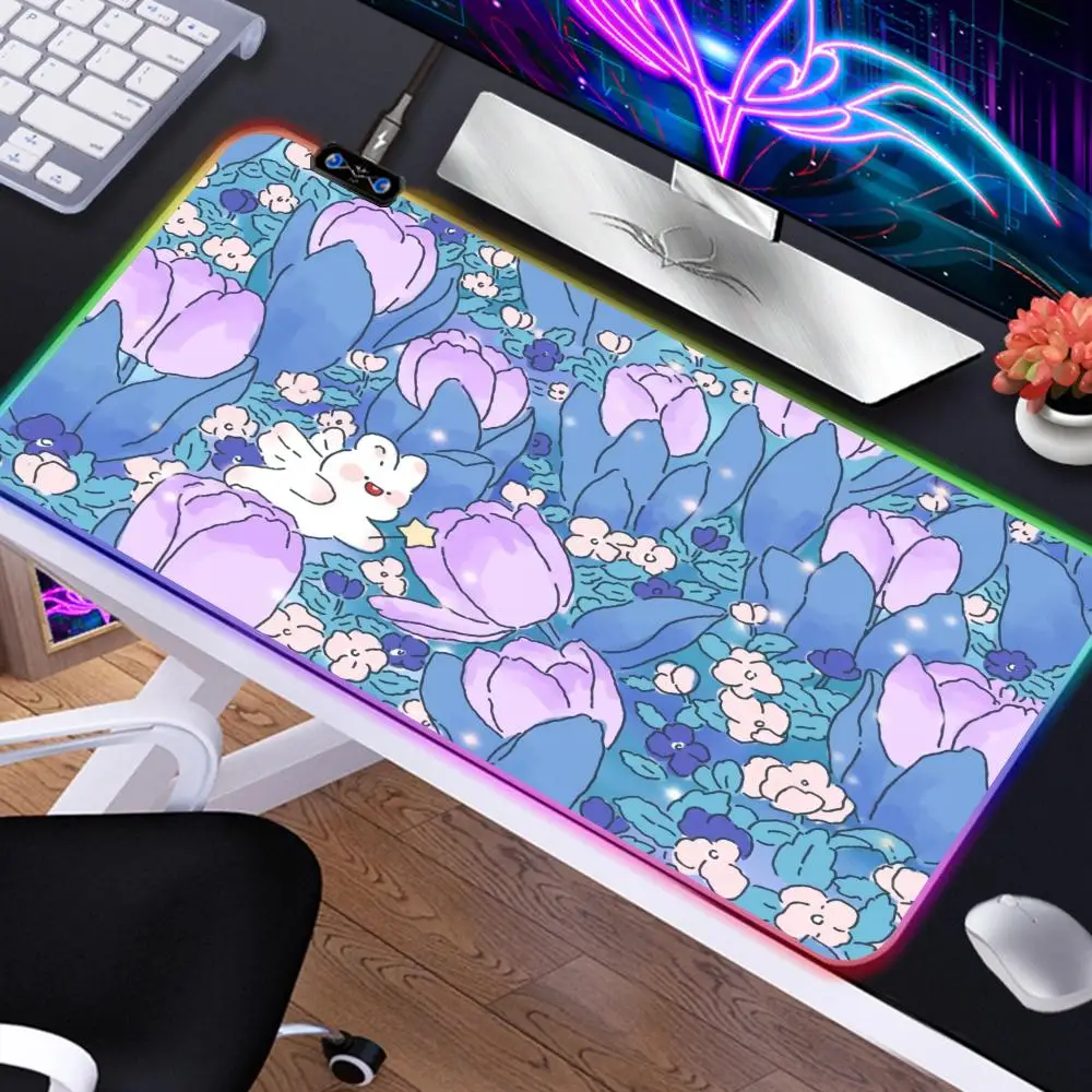 

Cute Tulips Flower Bunny RGB Mouse Pad Desk Cute HD Desk Pad Extended Gaming Keyboard Mats Large XXL Gamer Mousepad 90x40