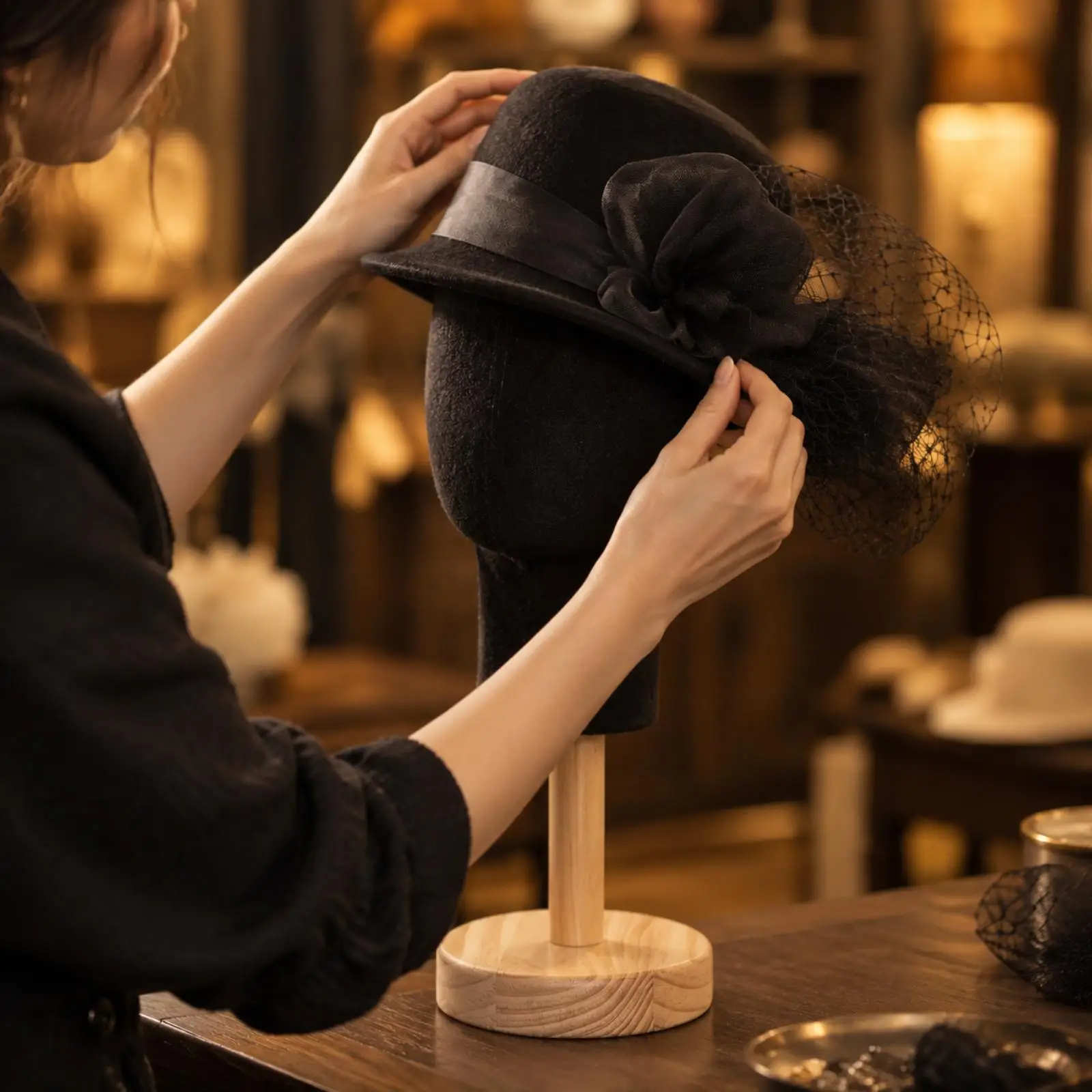 Freestanding Hat Display Mannequin Head Stand Wooden Base for Hat Merchandising and Photography