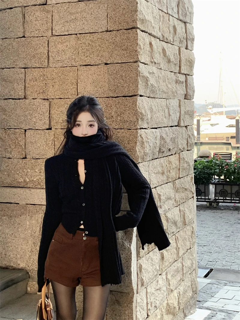 

Женский модный шикарный вязаный кардиган Slim Fit с длинным рукавом и круглым вырезом, весенний свитер-пальто, топ маленького размера, черный, с узором «косы»