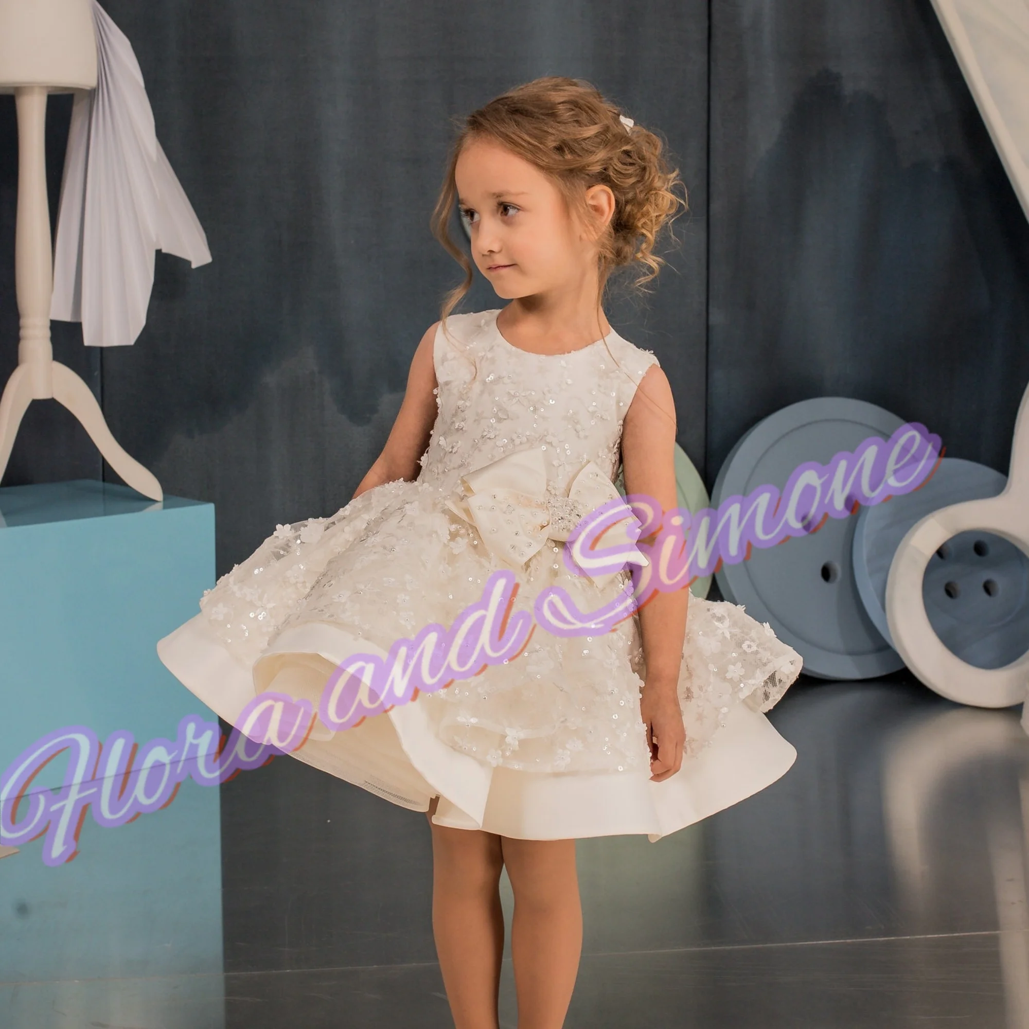 تخصيص أنيقة الترتر الديكور القوس تنورة الديكور زهرة فتاة فستان لحفل زفاف عيد ميلاد Vestidos ملابس الأطفال