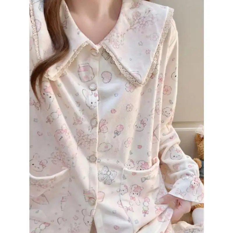 Elegant Women's Collar Long Sleeved Long Pants Home Suit Set Girls Autumn Winter New Style Thick Cardigan Home Suit for Women