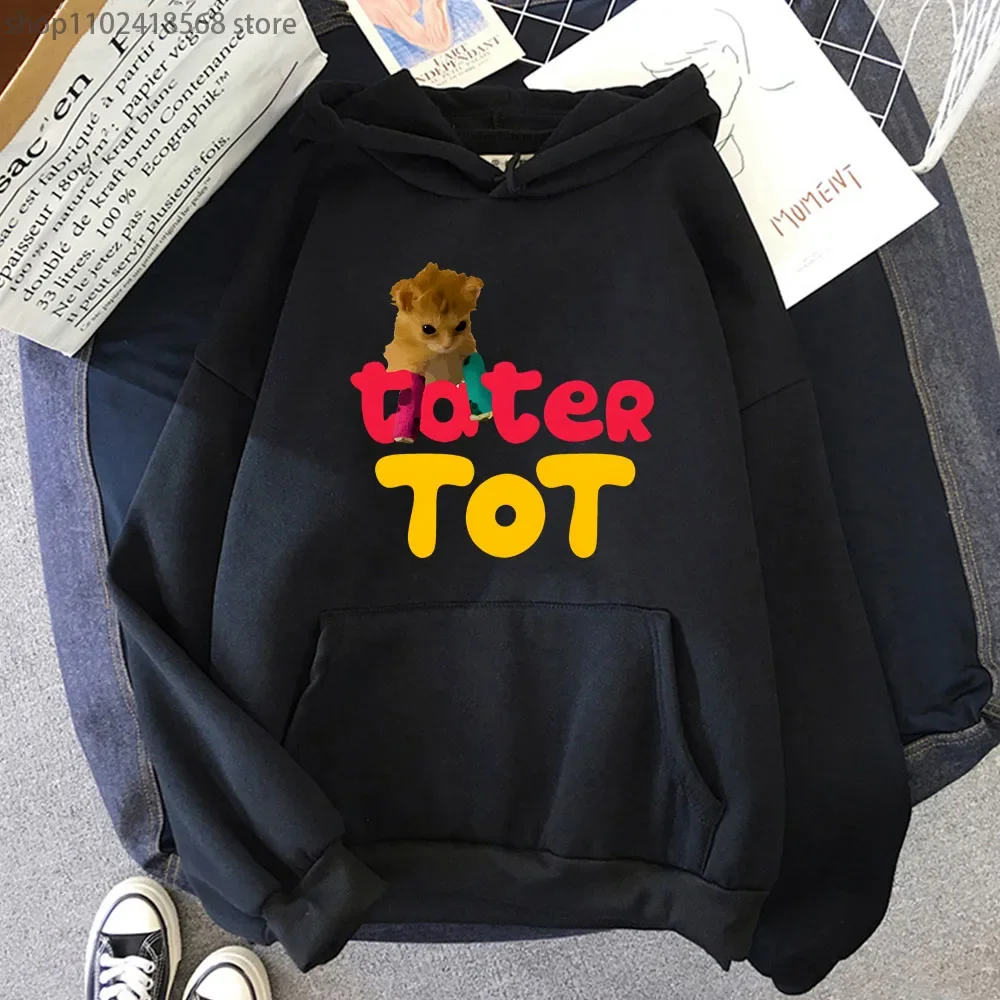 Cute Cartoon Cat Hoodie Tater Tot Sweatshirt Kawaii Animal Print Clothes Autumn Winter Pullover Women Casual Y2k Streetwear Men