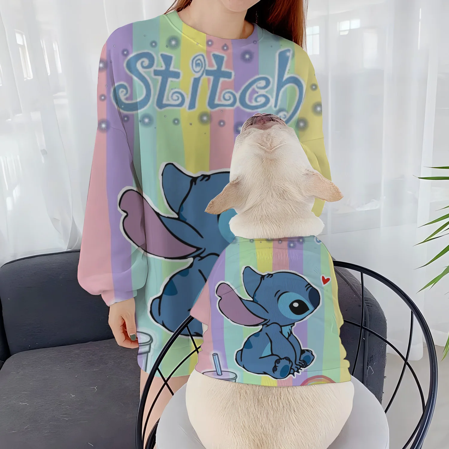 Stitch Casual Sweatshirts Pullover Women Disney Round Neck Parent-Child Clothes Long Sleeve Autumn Winter Puppy Women's Clothing