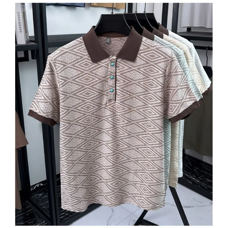 

Men's Striped Knit Polo Shirt Casual Short Sleeve Summer Breathable Business T-shirt