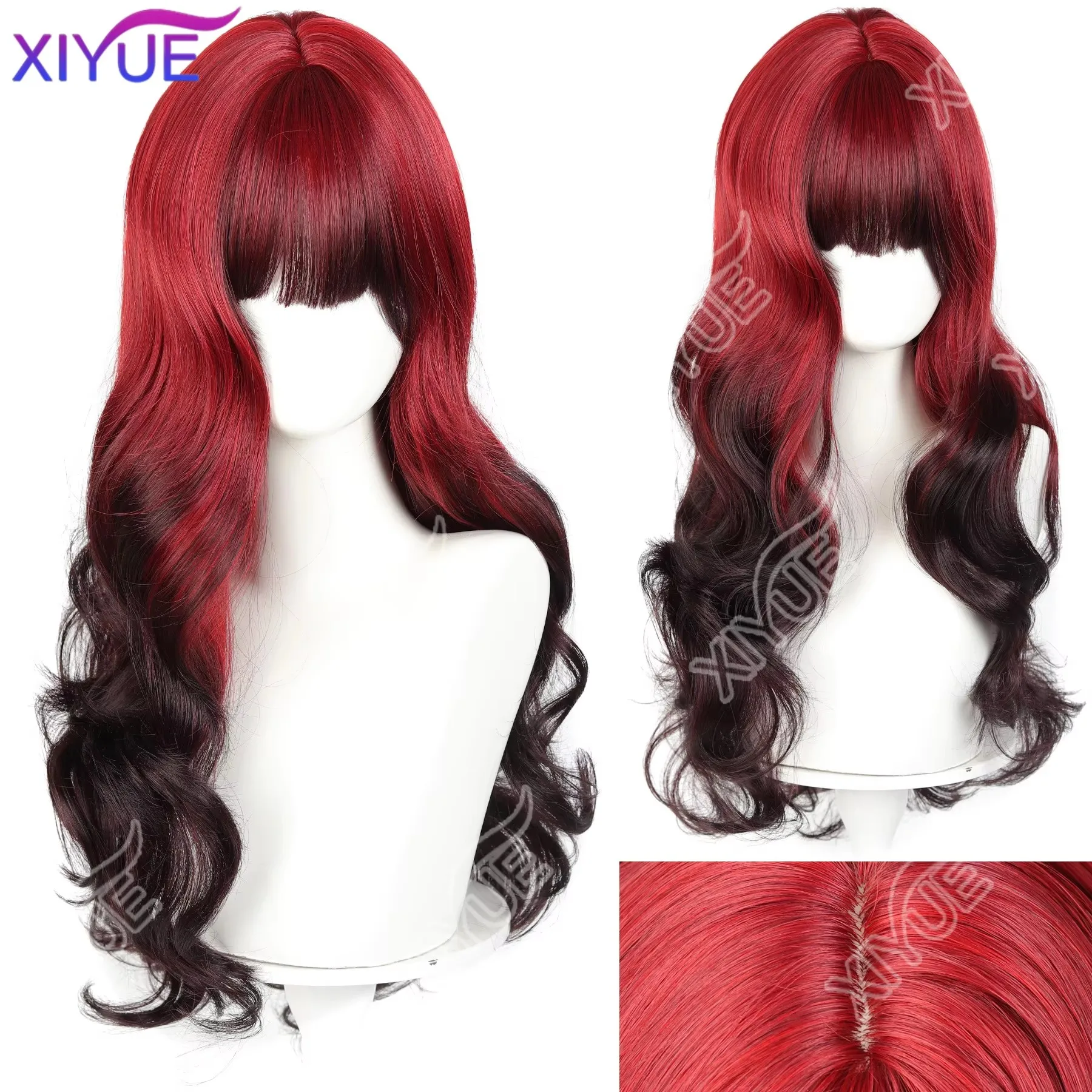 XIYUE Blood Red Black Long Wavy Synthetic Wig with Bangs Gothic Bride Halloween Costume Wig Heat Resistant Cosplay Hair Party by