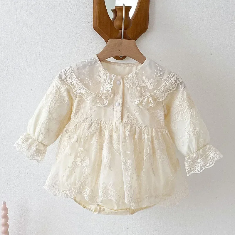 

2024 New Autumn Newborn Baby Girls Bodysuits Long Sleeved Cotton Lace Splicing Infant Baby Girls Jumpsuit 0-24M Children Clothes