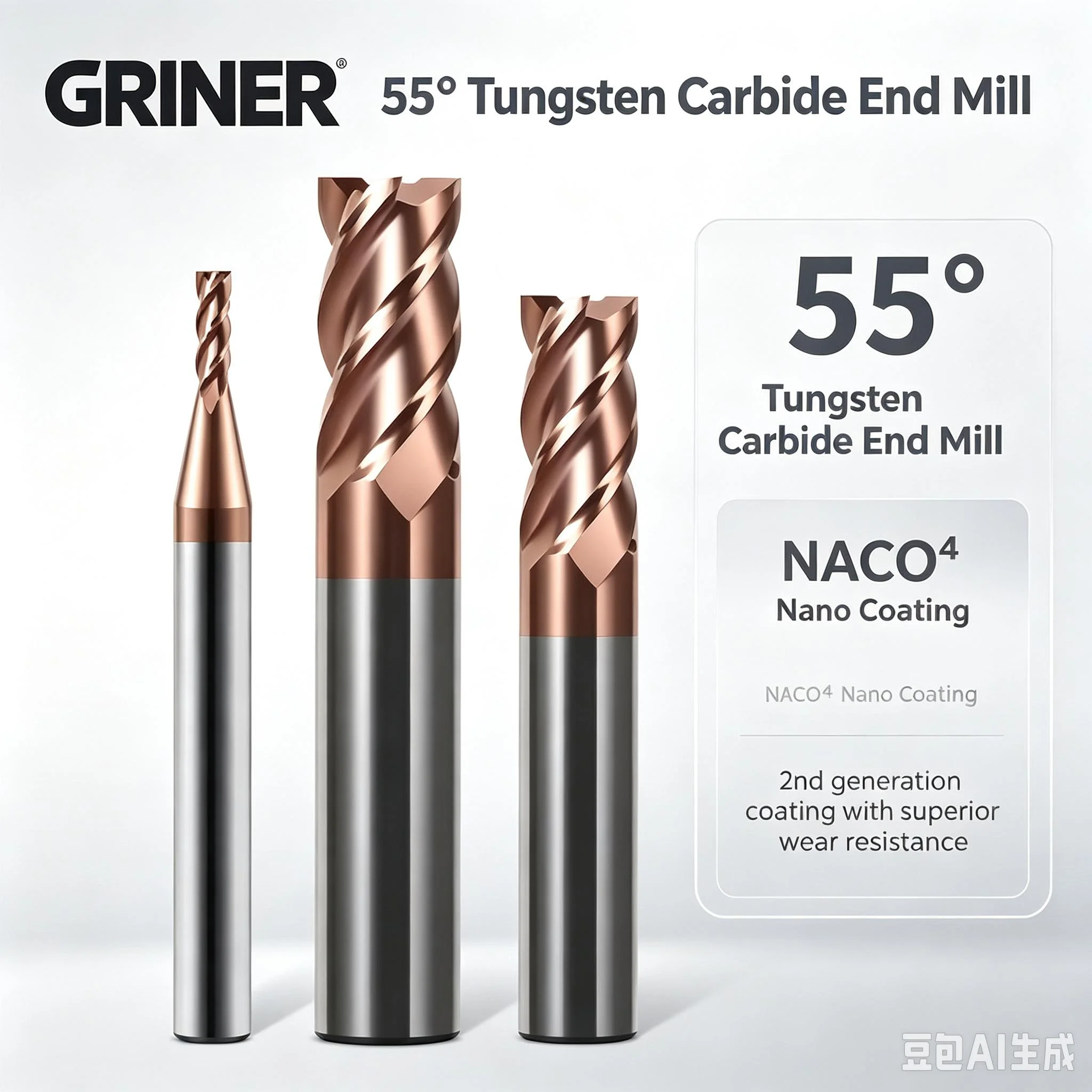 4 flutes solid carbide end mill, 55° helix flat end mill, extended length coated milling cutter, tungsten steel CNC tool, flat b