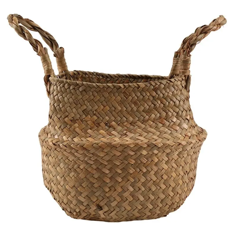 SEWS-Woven Straw Belly Basket For Storage Plant Pot Basket And Laundry, Picnic And Grocery Basket