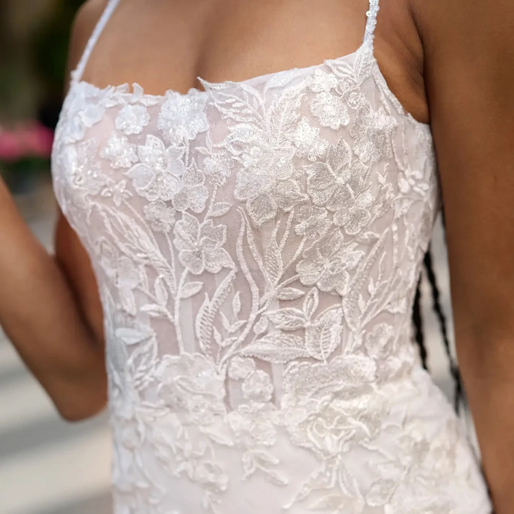 Simple Mermaid Spaghetti Strap Square Neck Wedding Dresses Applique Lace Bridal Grown Customized Open Back New Vestidos De Novia