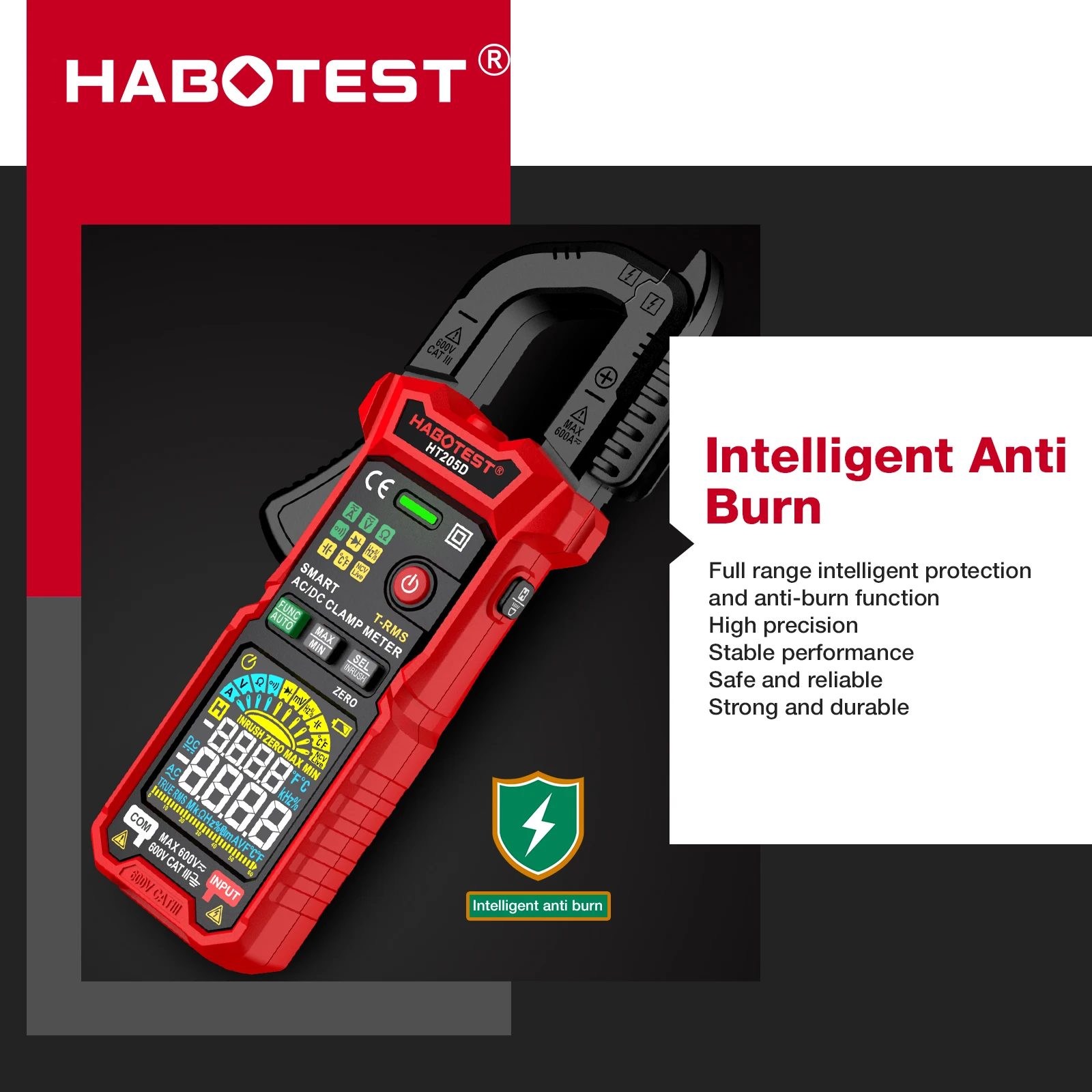 HABOTEST HT205 Clamp Meter 600A True RMS AC/DC Current Amp Meter Measures Current Voltage Temperature Capacitance Ohm Tester
