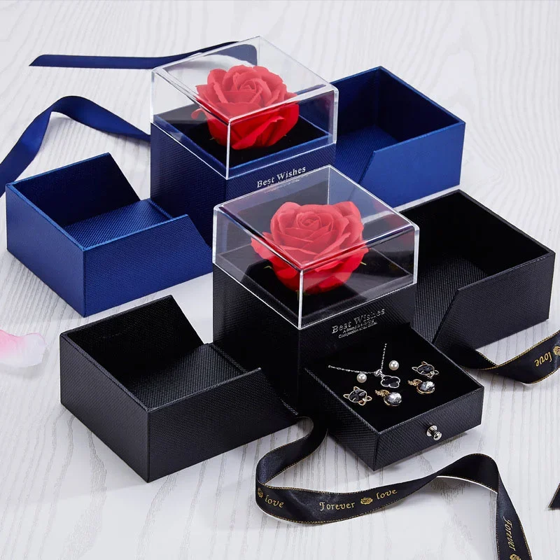 Immortal Rose Box Double Drawer Ring Stud Necklace Bracelet Surprise Box Valentine's Day Birthday Gift Packaging Box