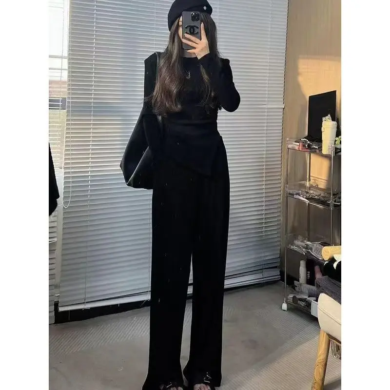 Spring and Autumn New Korean Fashion Top Slimming Set Irregular T-shirt Waist Cinching Casual Slim Fit Two-piece Set