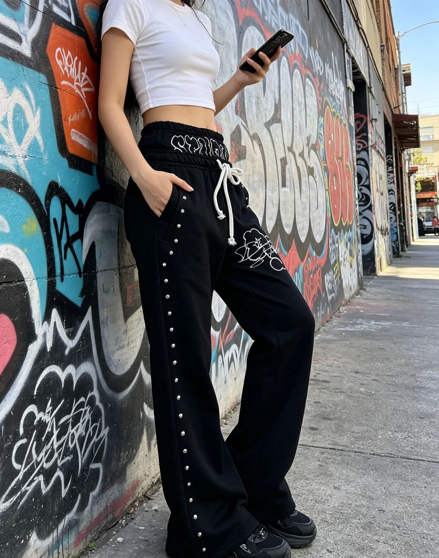 Y2K Double Waist Flared Sweatpants Women Rivet Side Strap Letter Print Drawstring Bootcut Pants Alt Grunge Streetwear Casual Tro