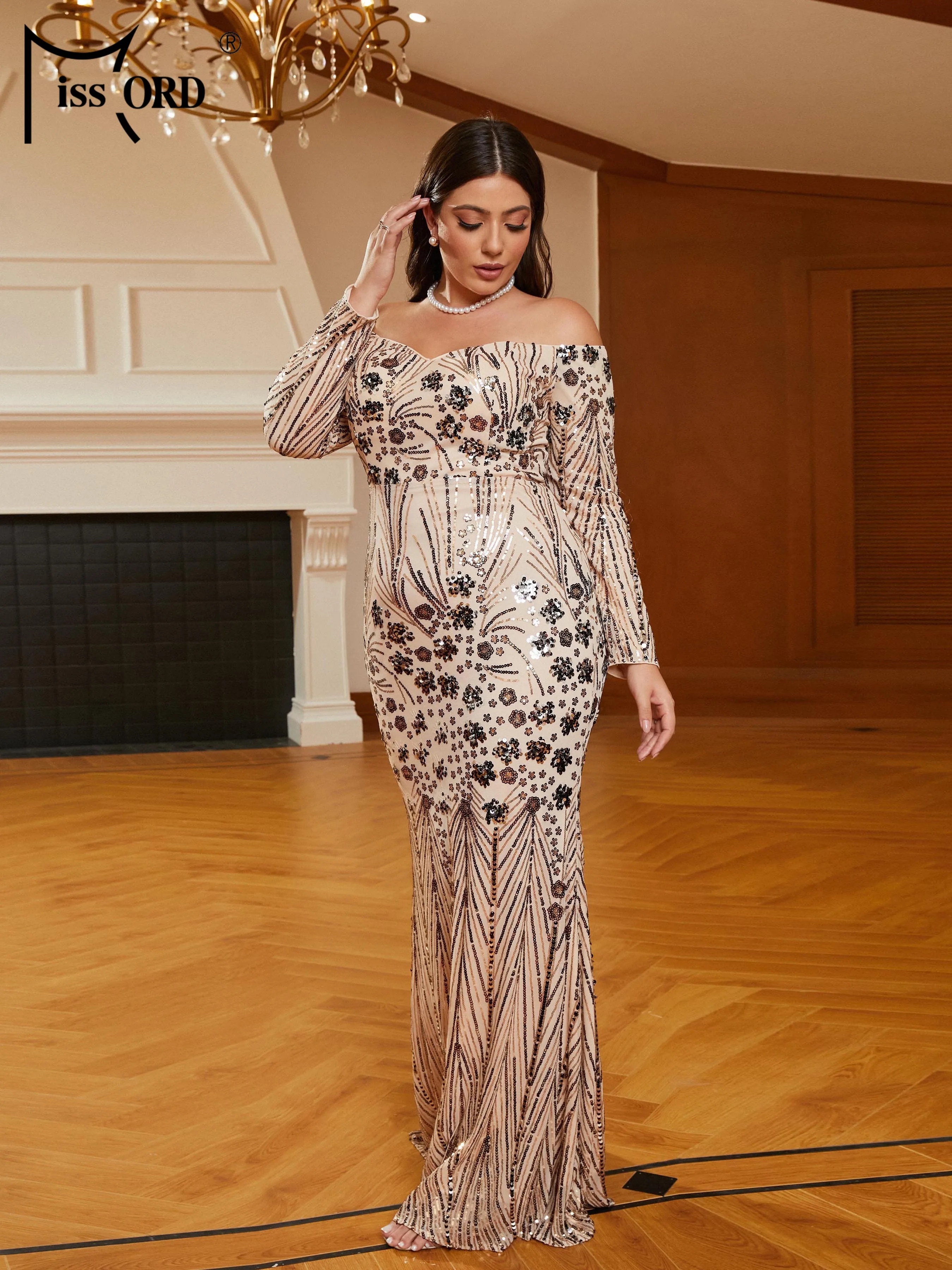 Missord New Plus Size Apricot Off Shoulder Long Sleeve Sequin Mermaid Evening Prom Dress