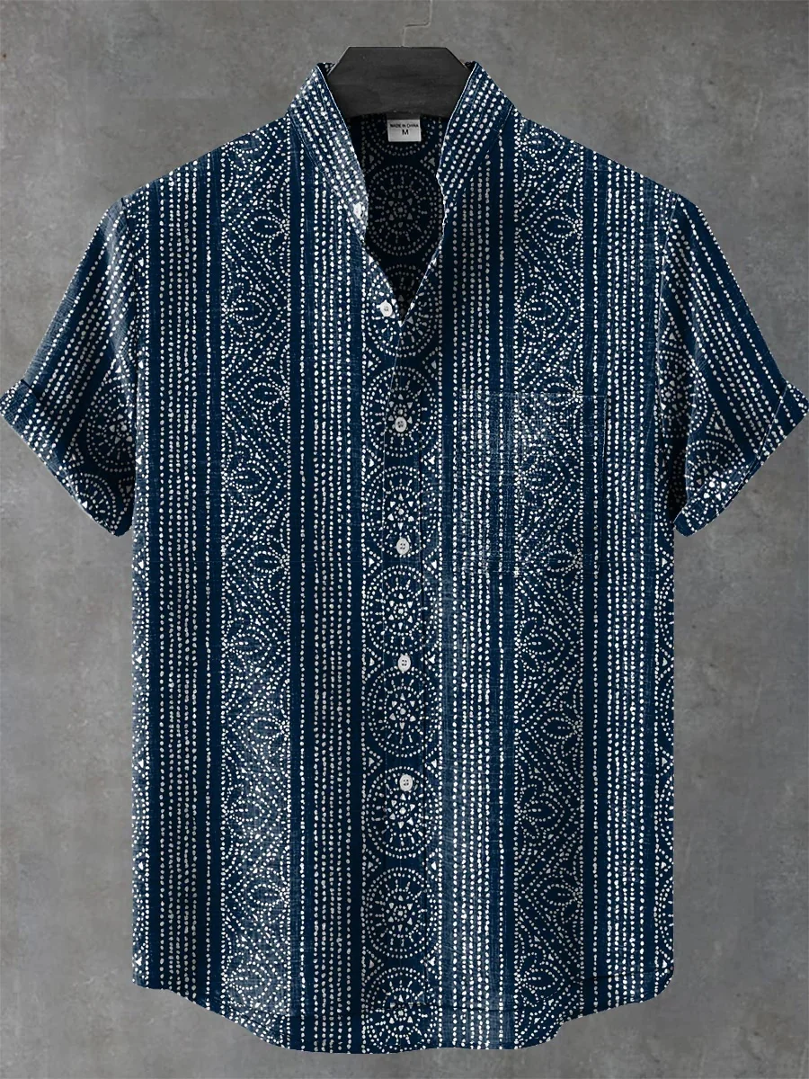 The new short-sleeved linen shirt with a simple artistic print pattern is a comfortable button-down casual top for men in summer