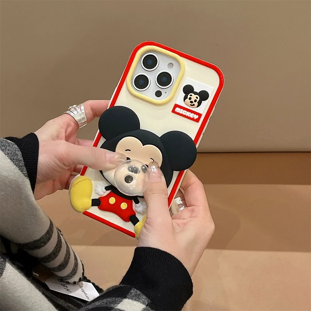 Cute Cartoon Mickey Squishies Phone Case For iPhone 16 15 14 Plus 13 12 Pro Max Blowing Bubble Protection Soft Silicone Cover