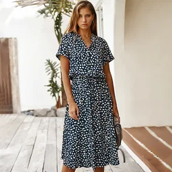 Vestido bohemio con estampado de lunares para mujer, camisa de verano de longitud media, chal de cintura alta, vacaciones, 2023