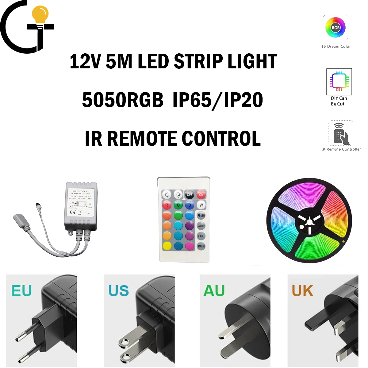 

IP20/IP65 RGB LED strip SMD5050 RGB 5M/Roll 30LED/M 150LED 12V 24Infrared remote control 16 colors for home holiday decoration