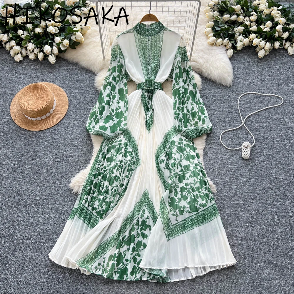 

Chic Elegant Positioning Print Dress 2025 New French Style Belt Slim Waist Lantern Sleeve Robe Pleated A-line Big Swing Vestidos