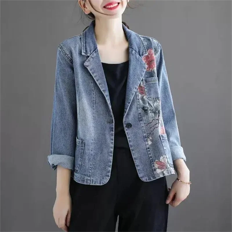 Fashion Women's Denim Jacket Spring Autumn New Cowboy Blazer Suits Coat Korean Loose Print Denim Coat Female Jeans Outwear