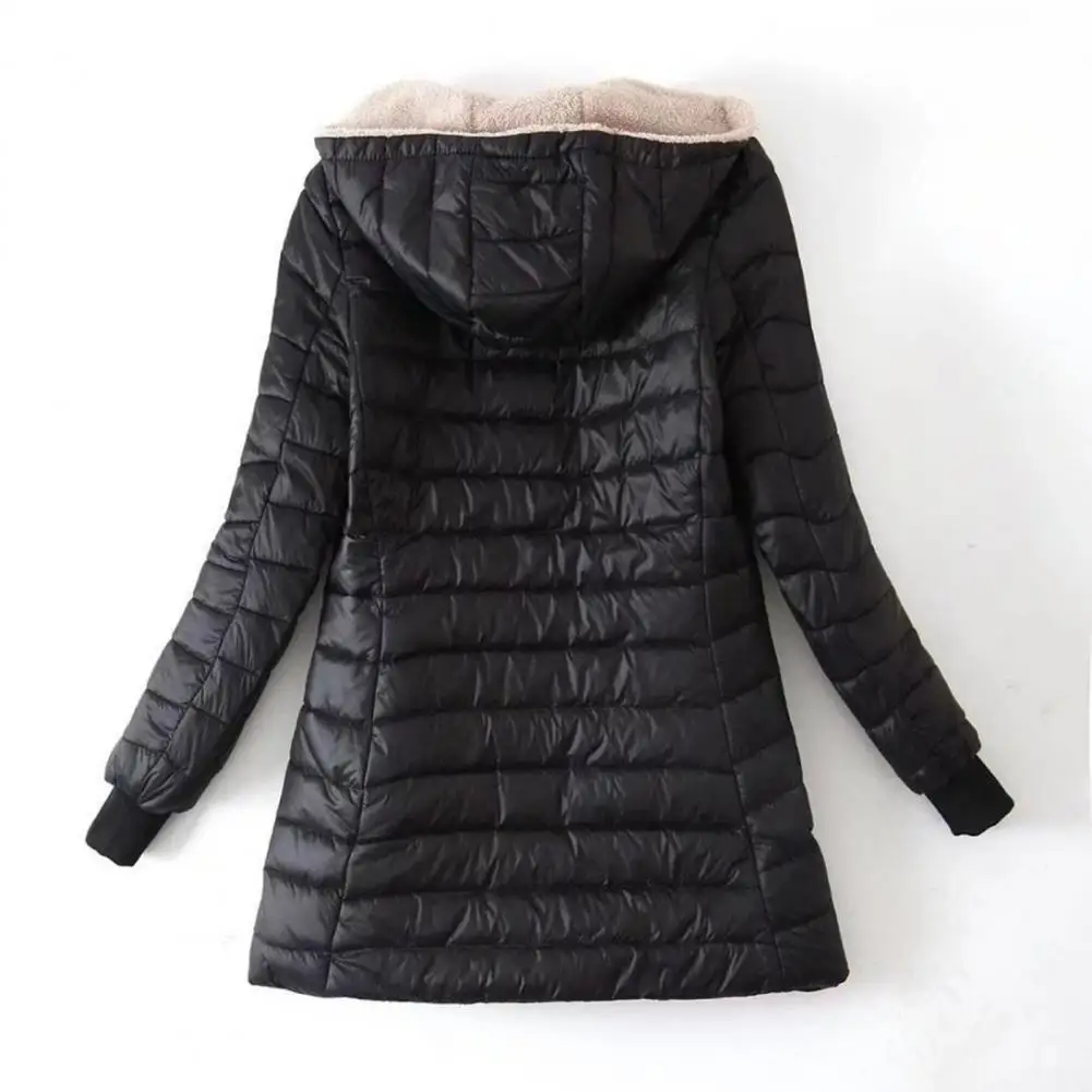 Women Winter Coat Hooded Thick Plush Padded Slim Fit Windproof Zip-up Long Sleeves Elastic Cuff Outdoor Jacket Daily Wear Therma