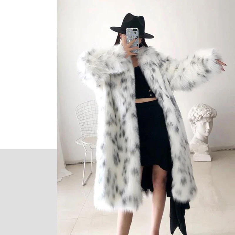 Faux Fox Fur Plus Size Coat  Mid Length Long Sleeve Jacket Casual Loose Cardigan Fur Coat Women White Fleece High Quality Coat