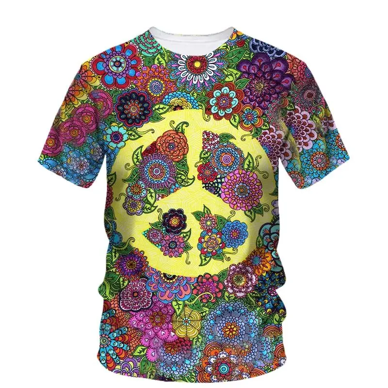 

Summer Men Creative Peace Logo Color Printed T-Shirt Fashion Trend 3d Printed O Collar Loose Personality Plus Size Short Sleeve