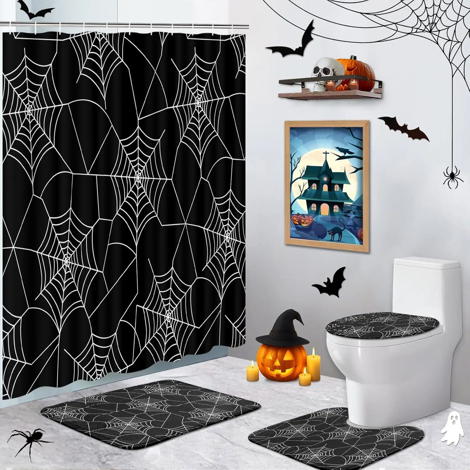 

Halloween Shower Curtain Set with Toilet Lid Cover and Non-Slip Rugs, Spider Web 4 Pcs Shower Curtains for Bathroom, Simple