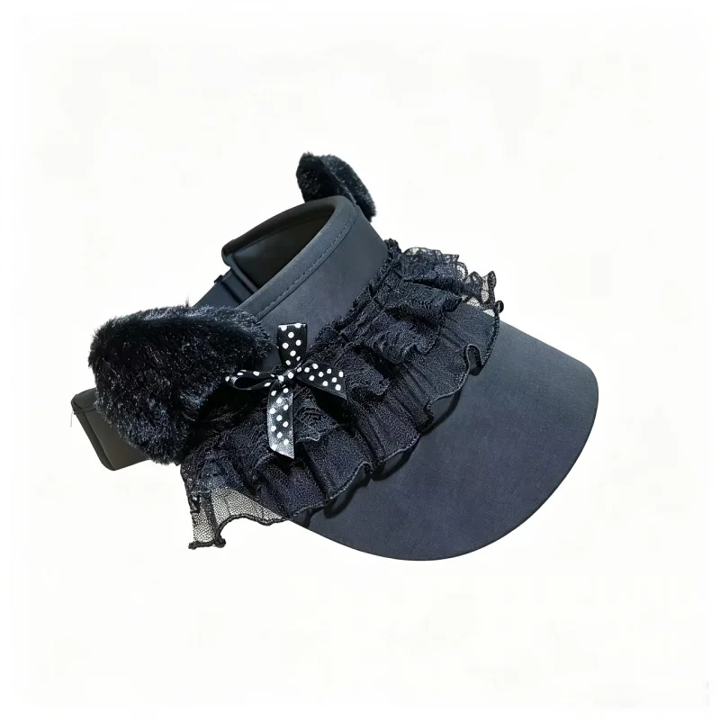Cat Ear Empty Top Sun Hat Black Lace Ruffled Polka Dot Bow Visor Cap Adjustable Summer Daily Wear And Party Decor