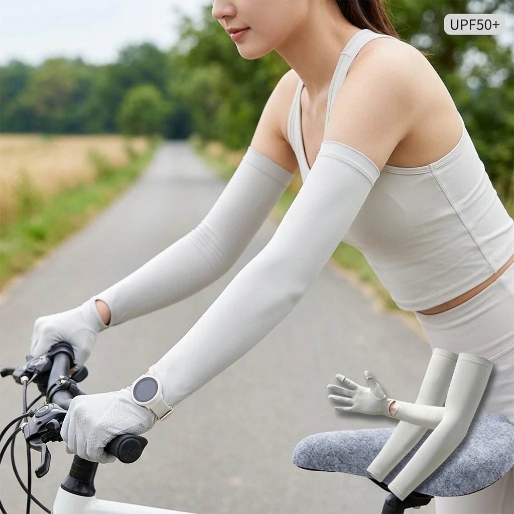 Ice Silk Sun Protection Arm Sleeves UPF50 Cooling Quick Dry Oversleeves Extended Wrist Design Gloves For Cycling Outdoor Summer