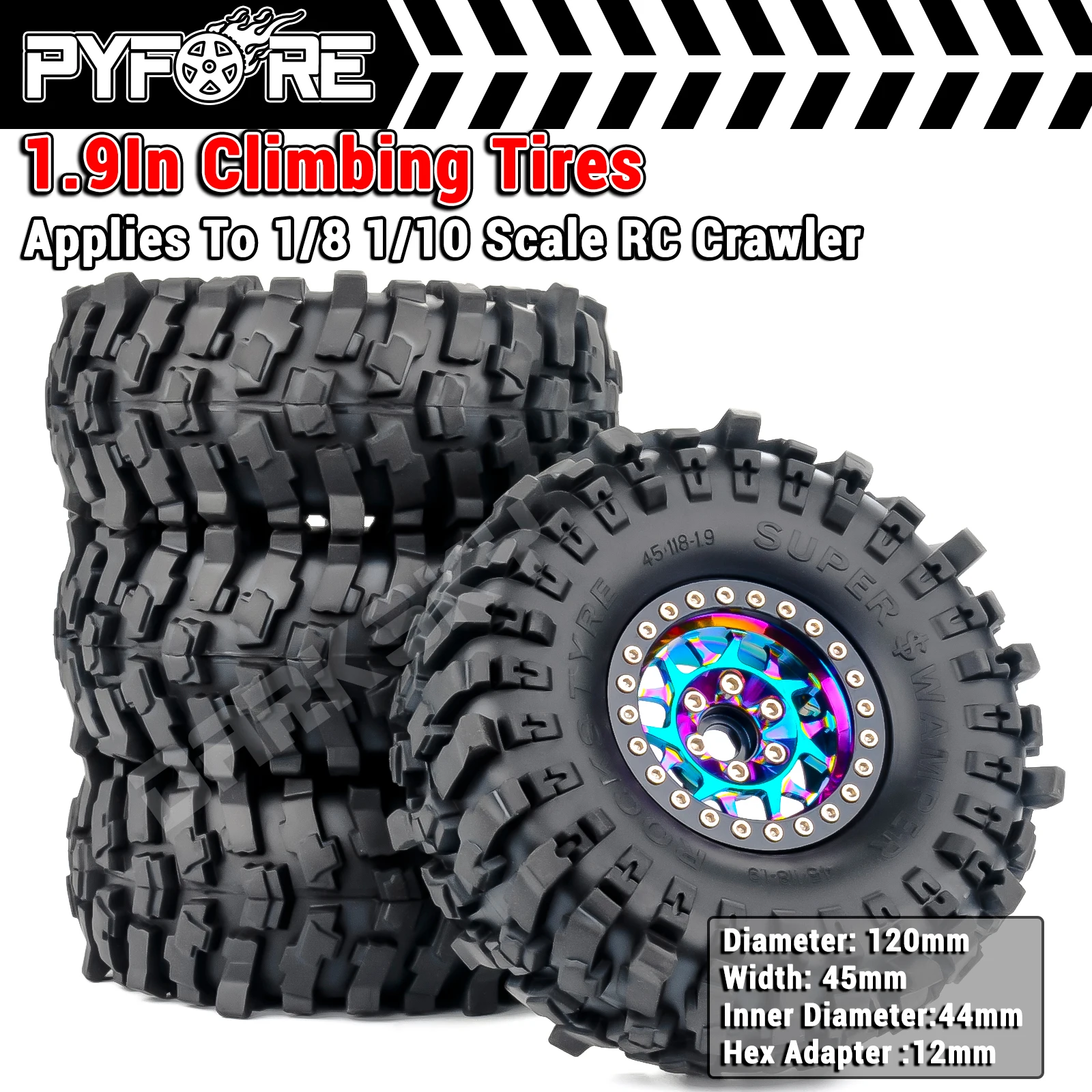 

PYFORE 1,9 дюйма альпинистские шины, металлическая ступица колеса 120x45 мм, шестигранный адаптер 12 мм для 1/10, радиоуправляемая модель автомобиля, аксессуары для гусеничных машин