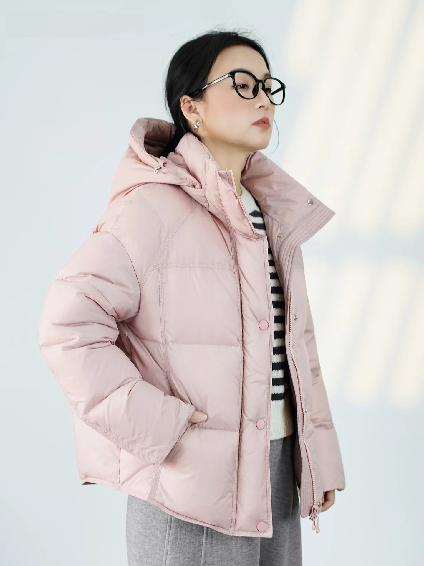 

Женская повседневная теплая утолщенная зимняя куртка FuHao Puffy Hooded Down Jaet из гусиного пуха, свободного кроя, розовая