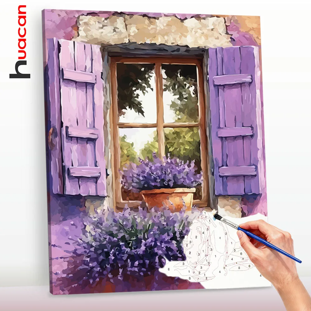 Huacan Digitales Ölgemälde Fensterbank Lavendel DIY Malen nach Zahlen Handgemaltes Kunstbild Kunsthandwerk auf Leinwand-Sets ﻿ ﻿ ﻿